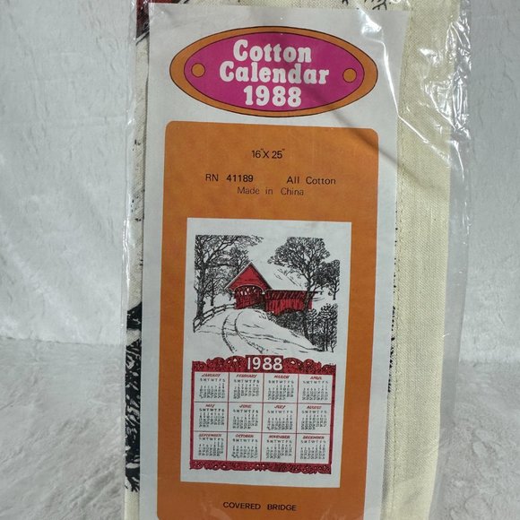 Vintage Other - Vintage Cotton Winter Snow Scene Red Covered Bridge Tea Towel Calendar 1988